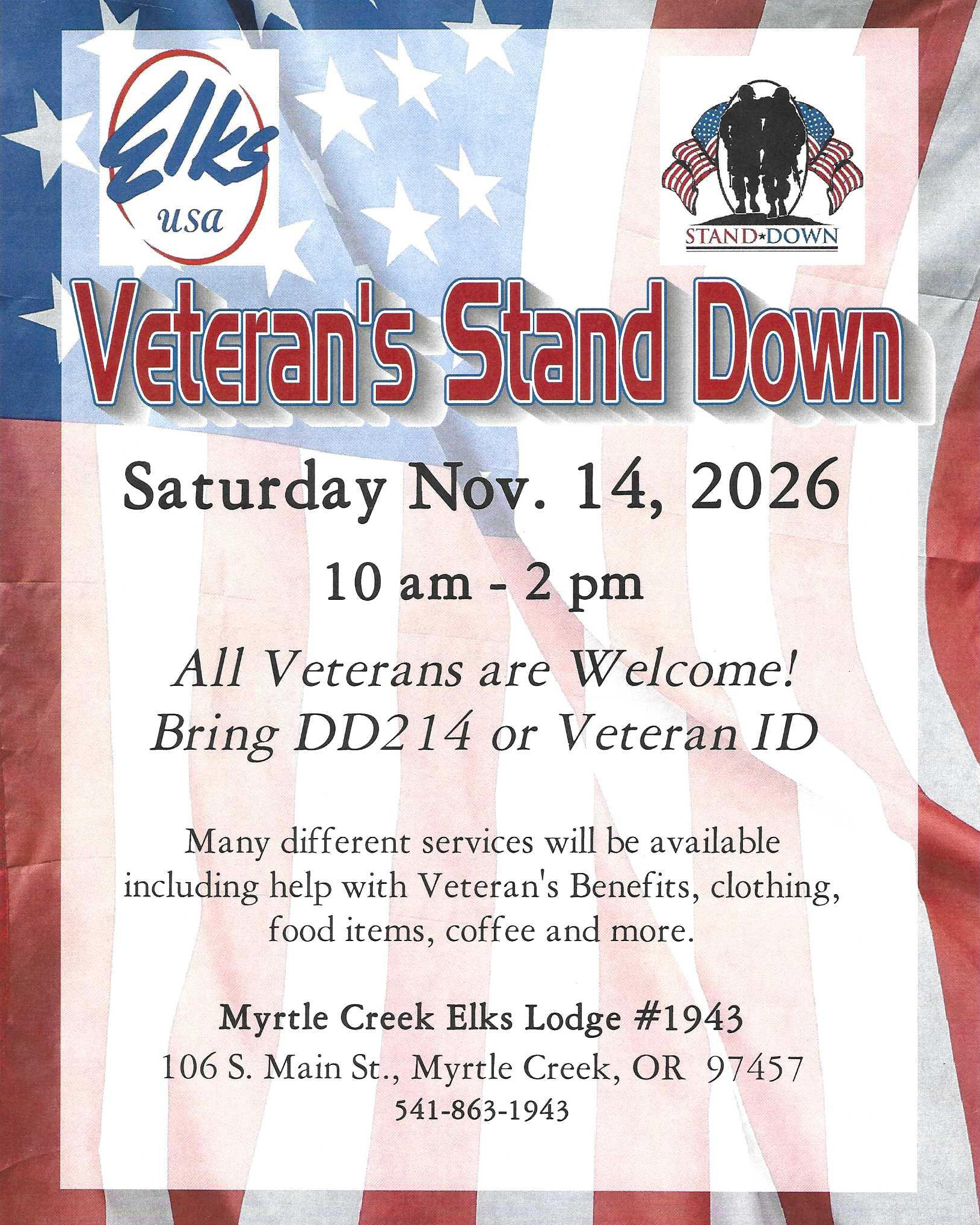 Myrtle Creek Elks Lodge 2026 Veteran's Stand Down Informational Flyer