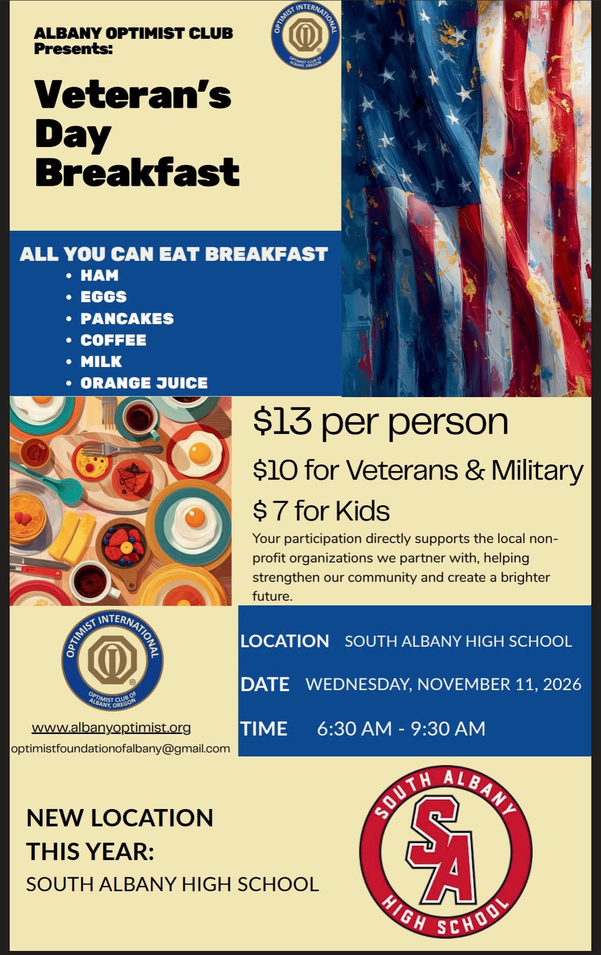 Albany Optimist Club Veterans Day Breakfast 2026 Info Graphic